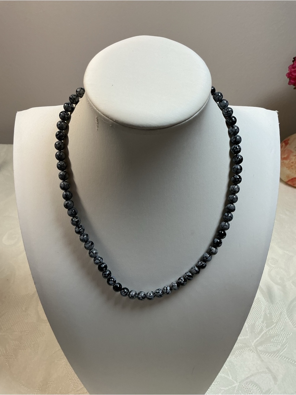 Snowflake Obsidian Genuine Beaded Silver Tone Necklace